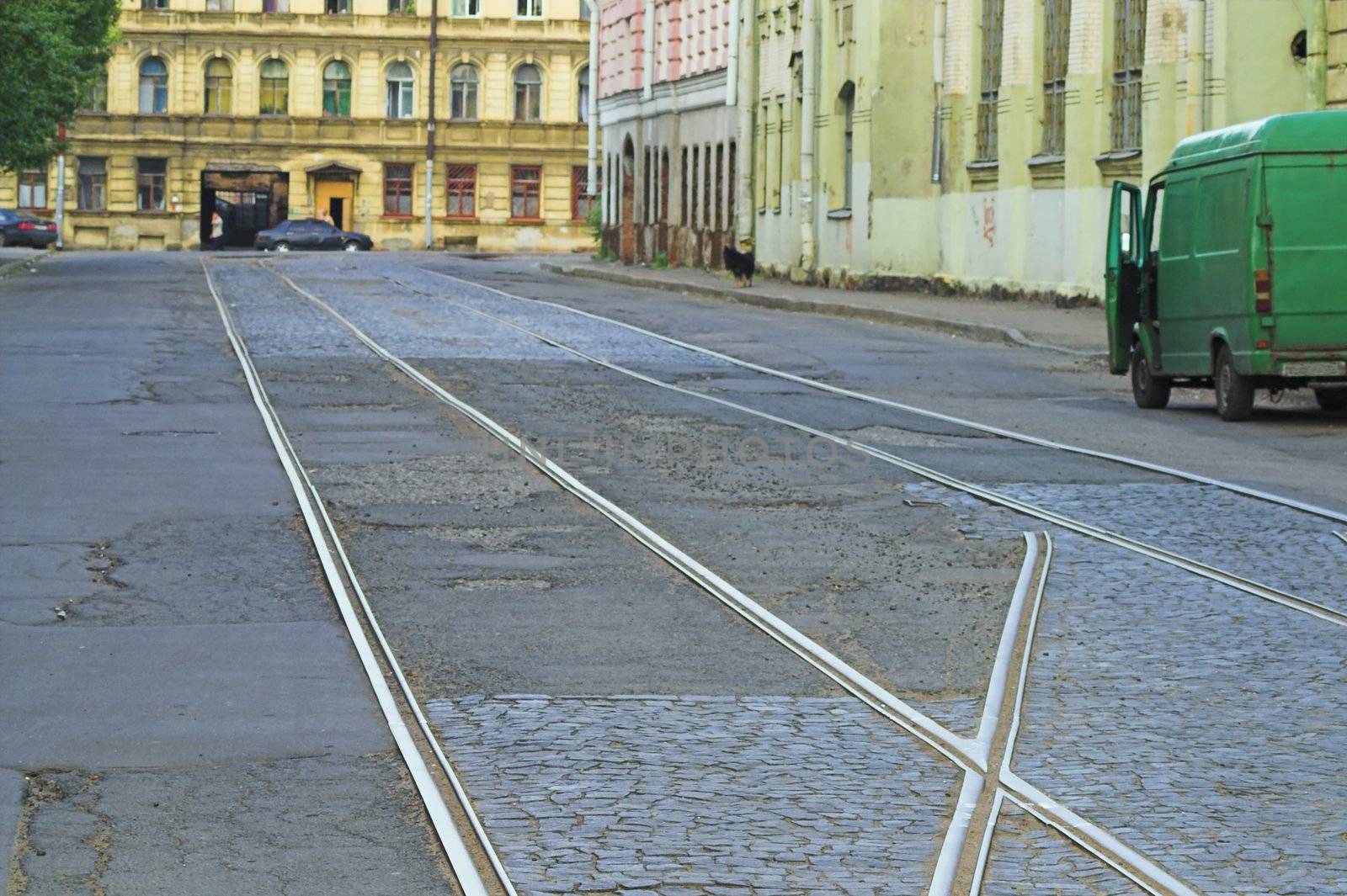 Tram lines at city street