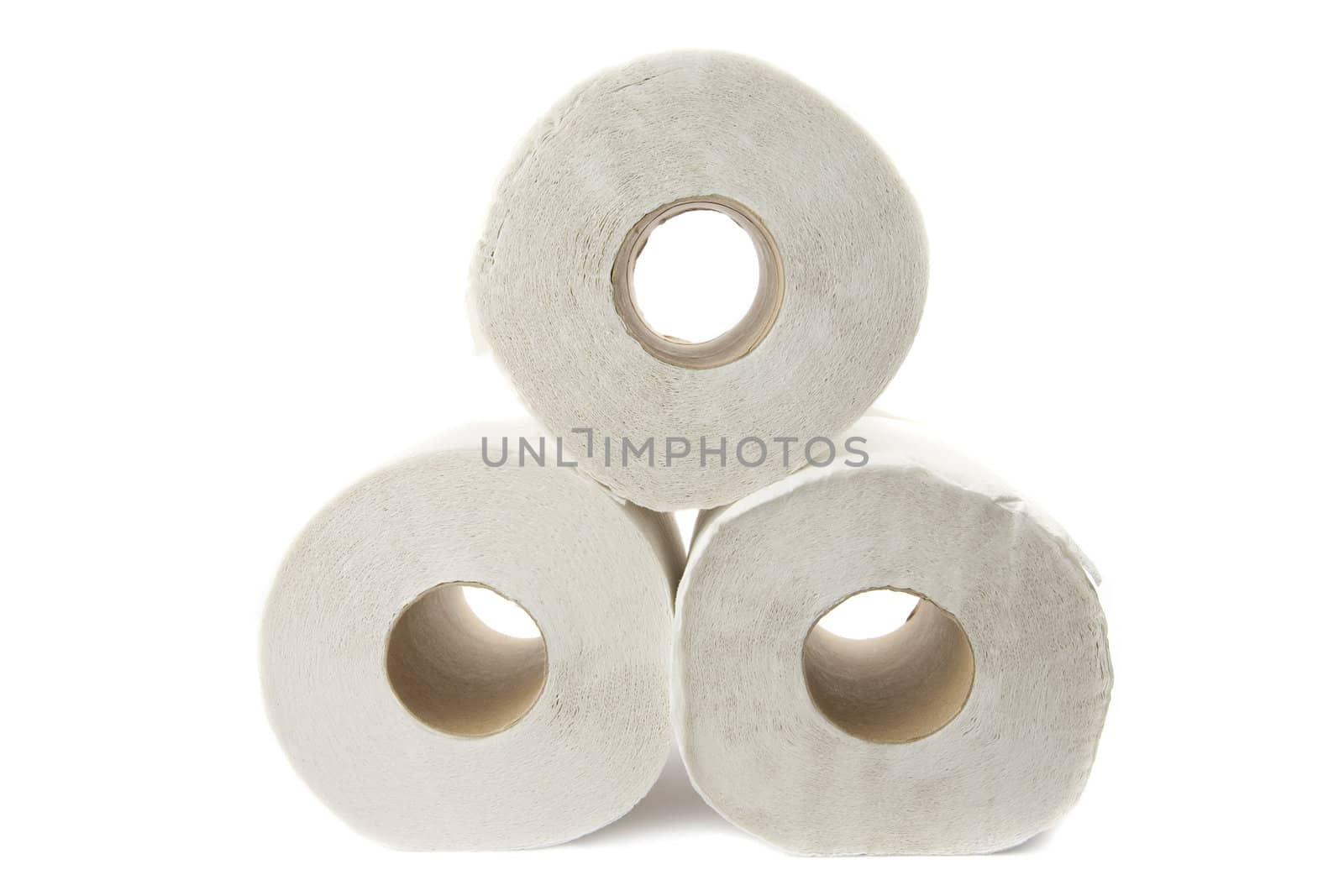 Three toilet paper rolls on a white background