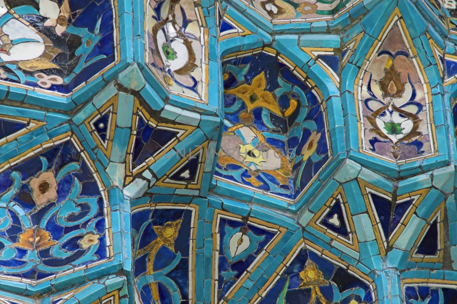 Fragment of tiled wall with Arabic mosaic of ancient mosque in Saint Petersburg, Russia.