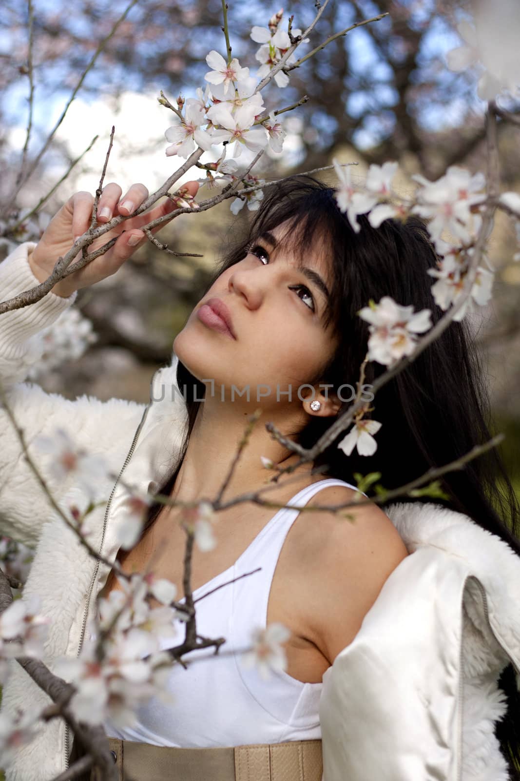 View of a beautiful girl on a white dress on a green grass field next to a almond tree