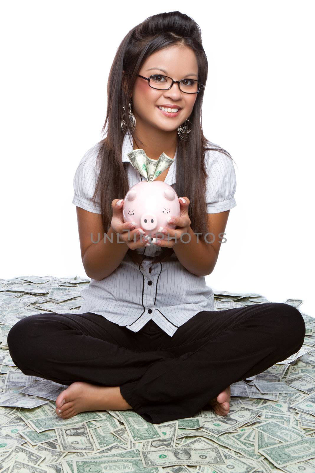 Money woman holding piggy bank