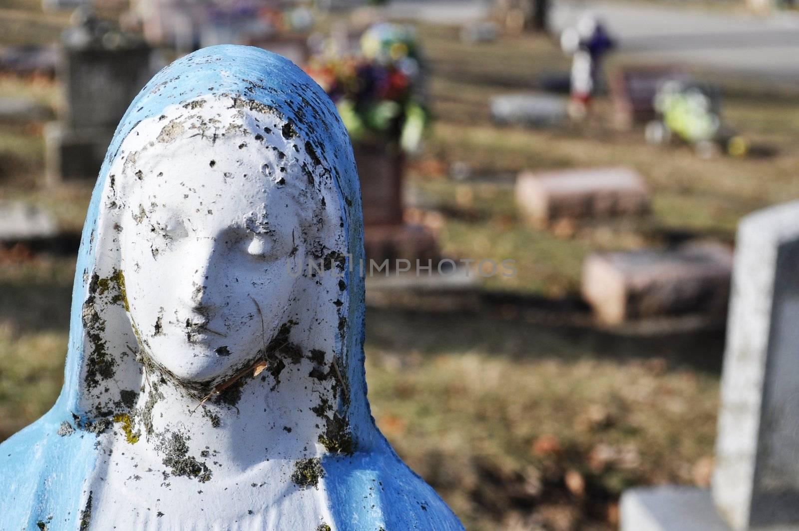 Gravesite - Mary statue - background - close-up