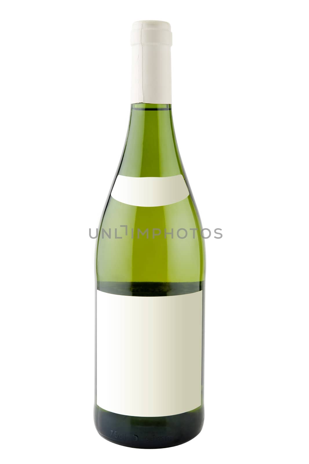 Bottle of white wine with blank labels isolated on white background with path