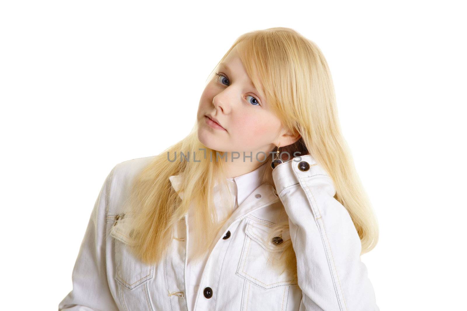Portrait of a beautiful young blonde on a white background