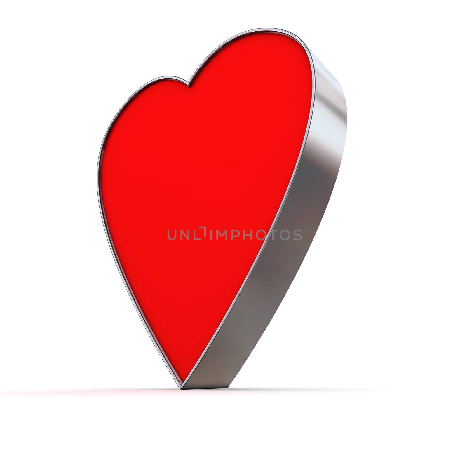 a chrome metallic heart in 3D with a red front surface