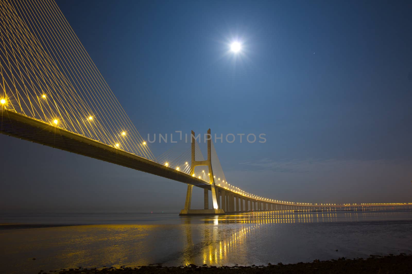 Long Vasco da Gama bridge at night under moonlight