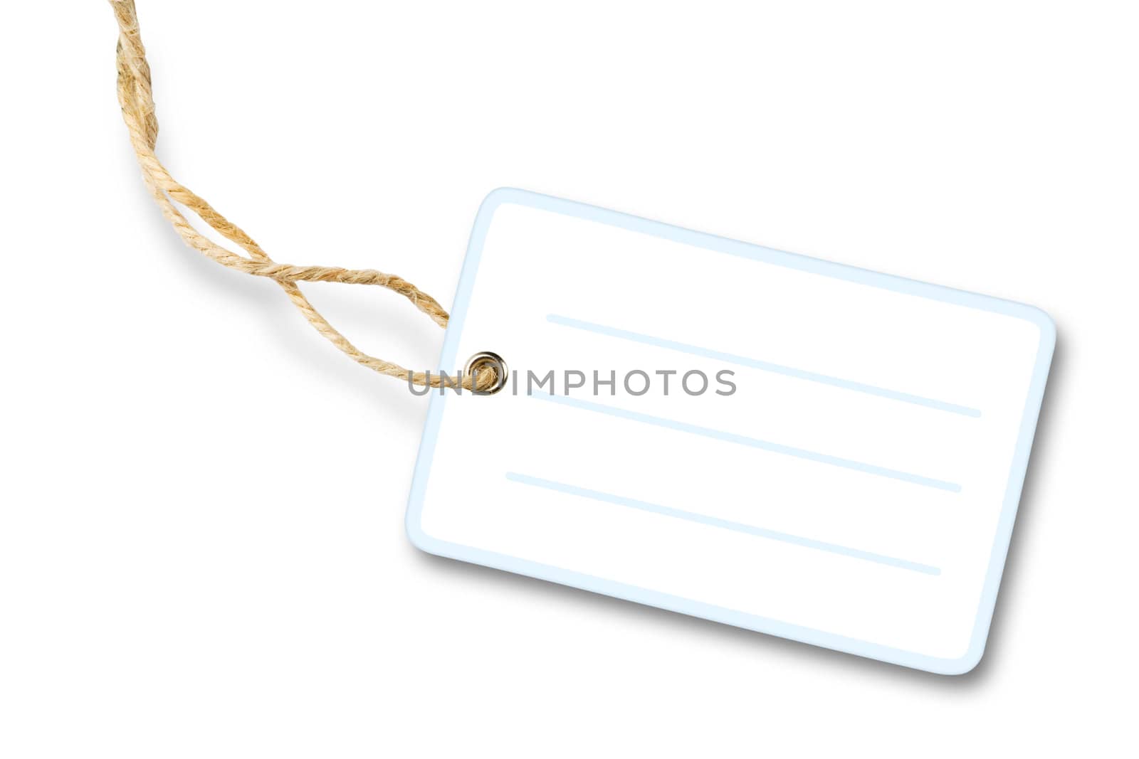 Blank white packaging label with cotton string isolated on white background with shadow