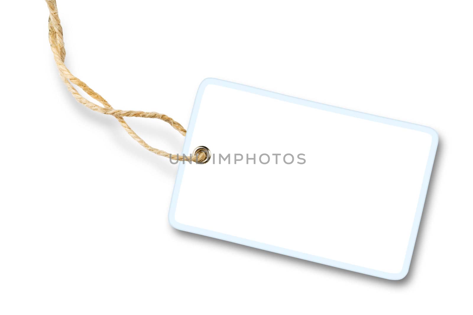 Blank white gift label with cotton string isolated on white background with shadow