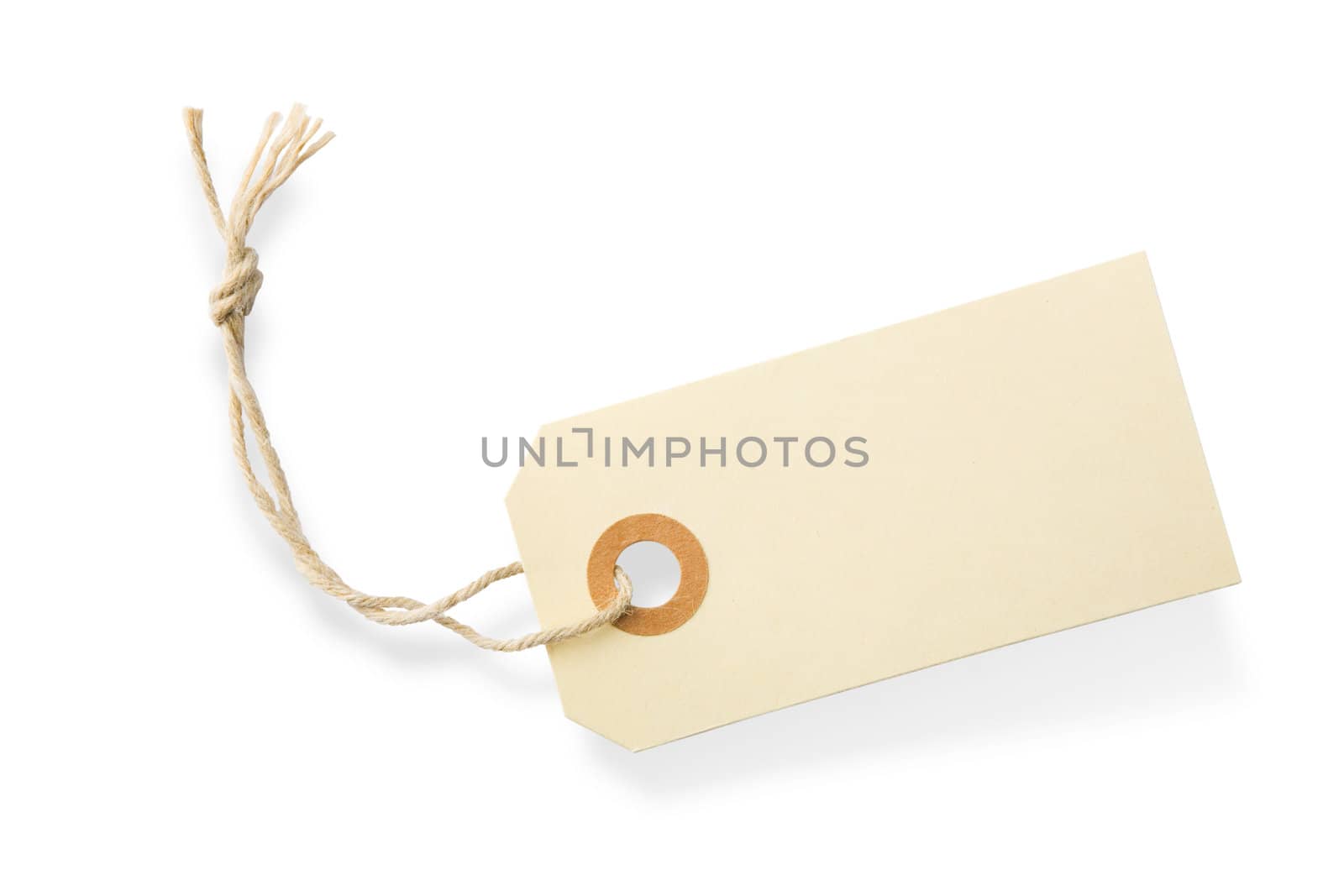 Blank paper tag with cotton string isolated on white background with shadow