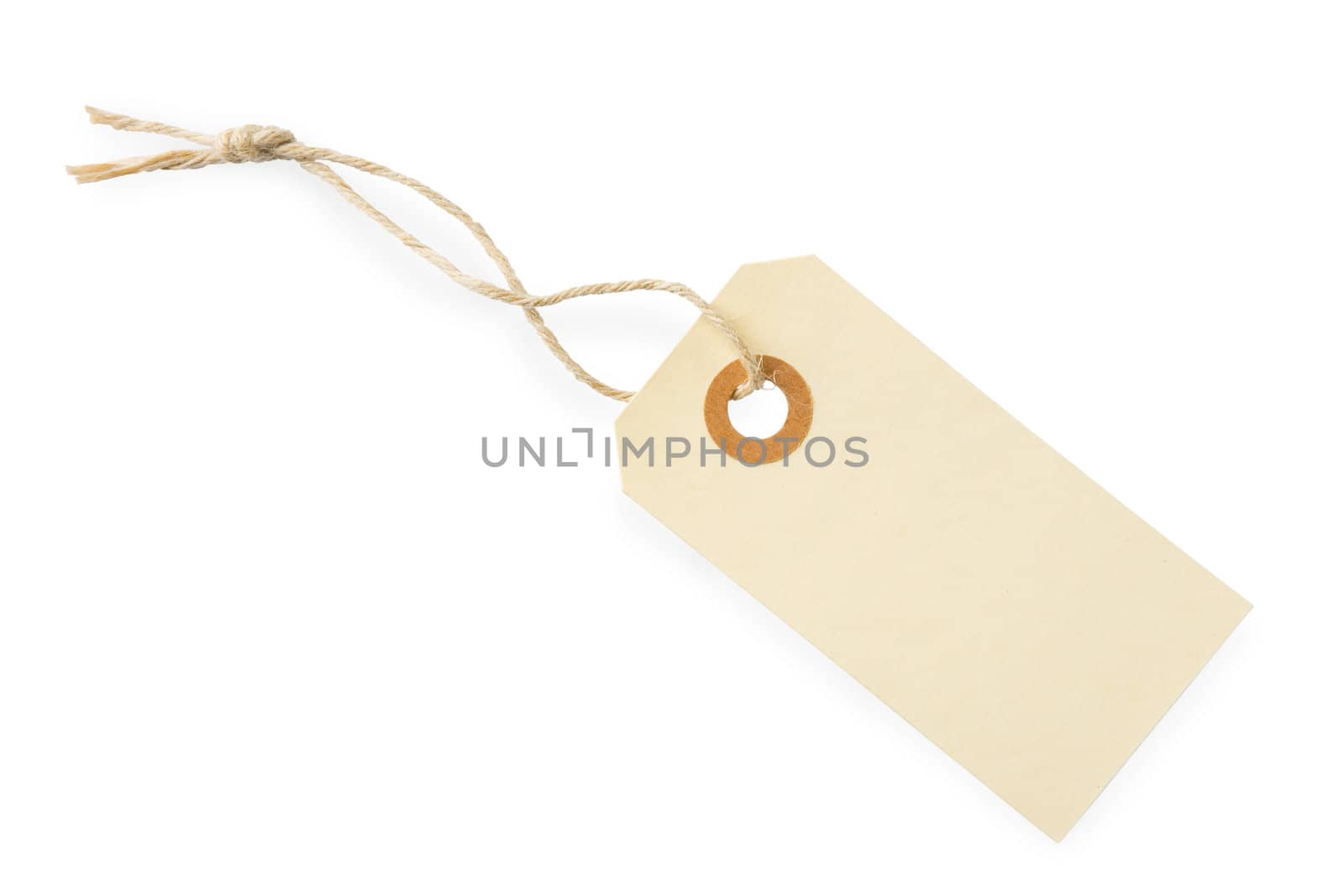 Blank paper tag with cotton string isolated on white background with shadow
