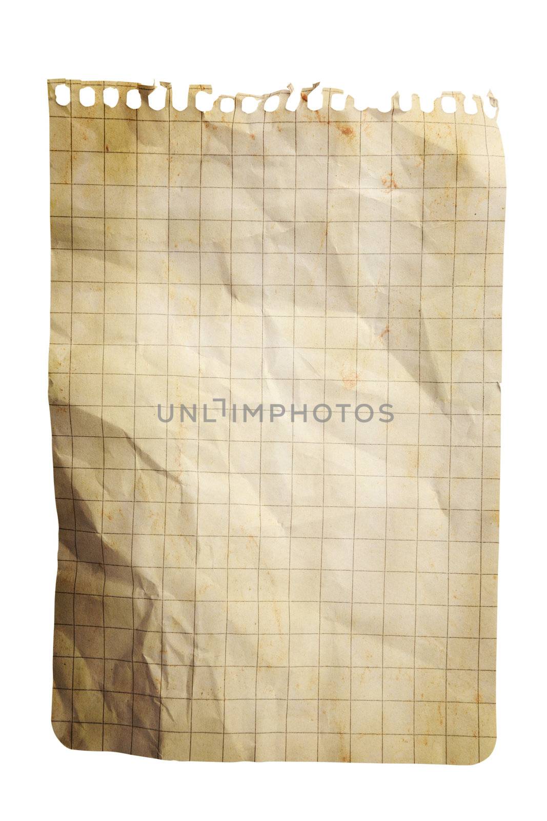 Single sheet of squared notepad paper isolated on white with clipping path