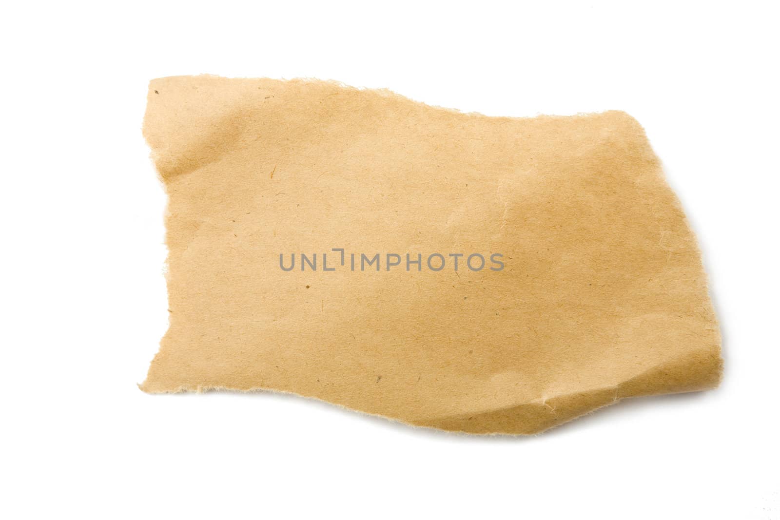 Piece of brown packaging paper isolated on white background with shadow