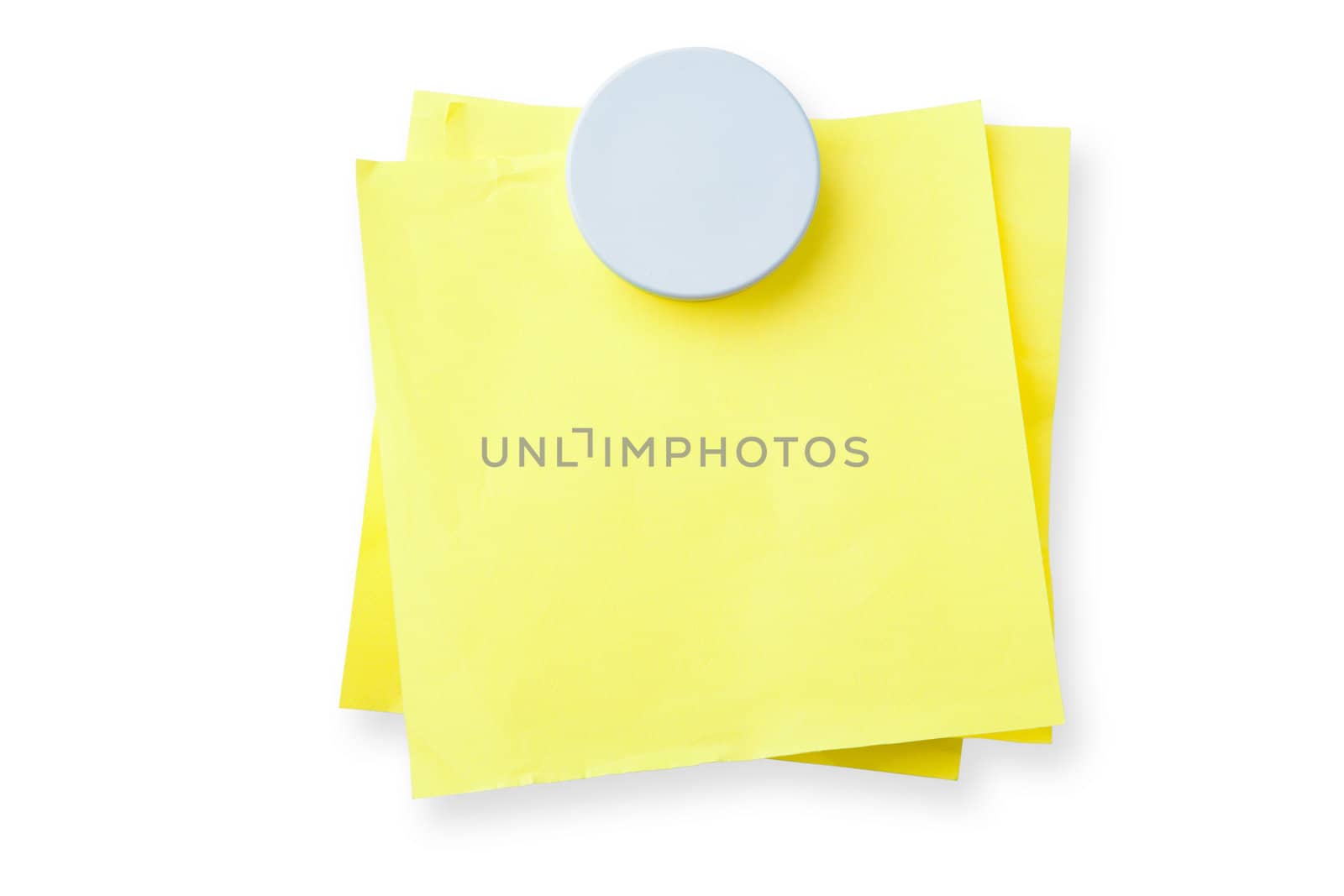 Yellow sticky notes attached with magnet isolated on white background with shadow