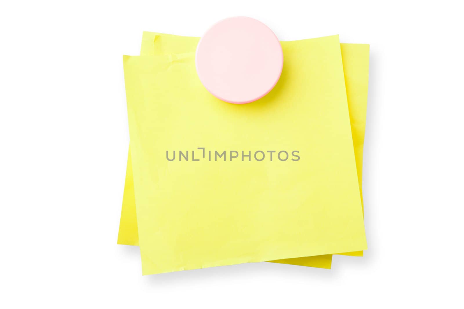 Yellow sticky notes attached with magnet isolated on white background with shadow