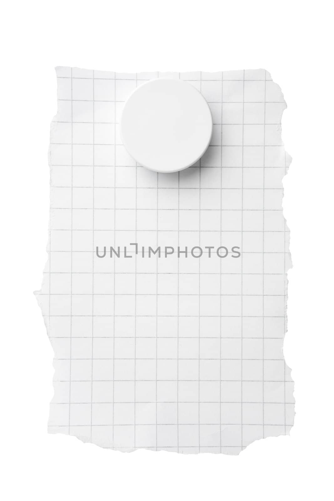 Torn piece of squared paper with magnet isolated on white background with clipping path