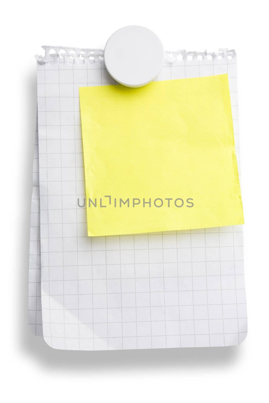 Pieces of paper attached with magnet isolated on white background with shadow