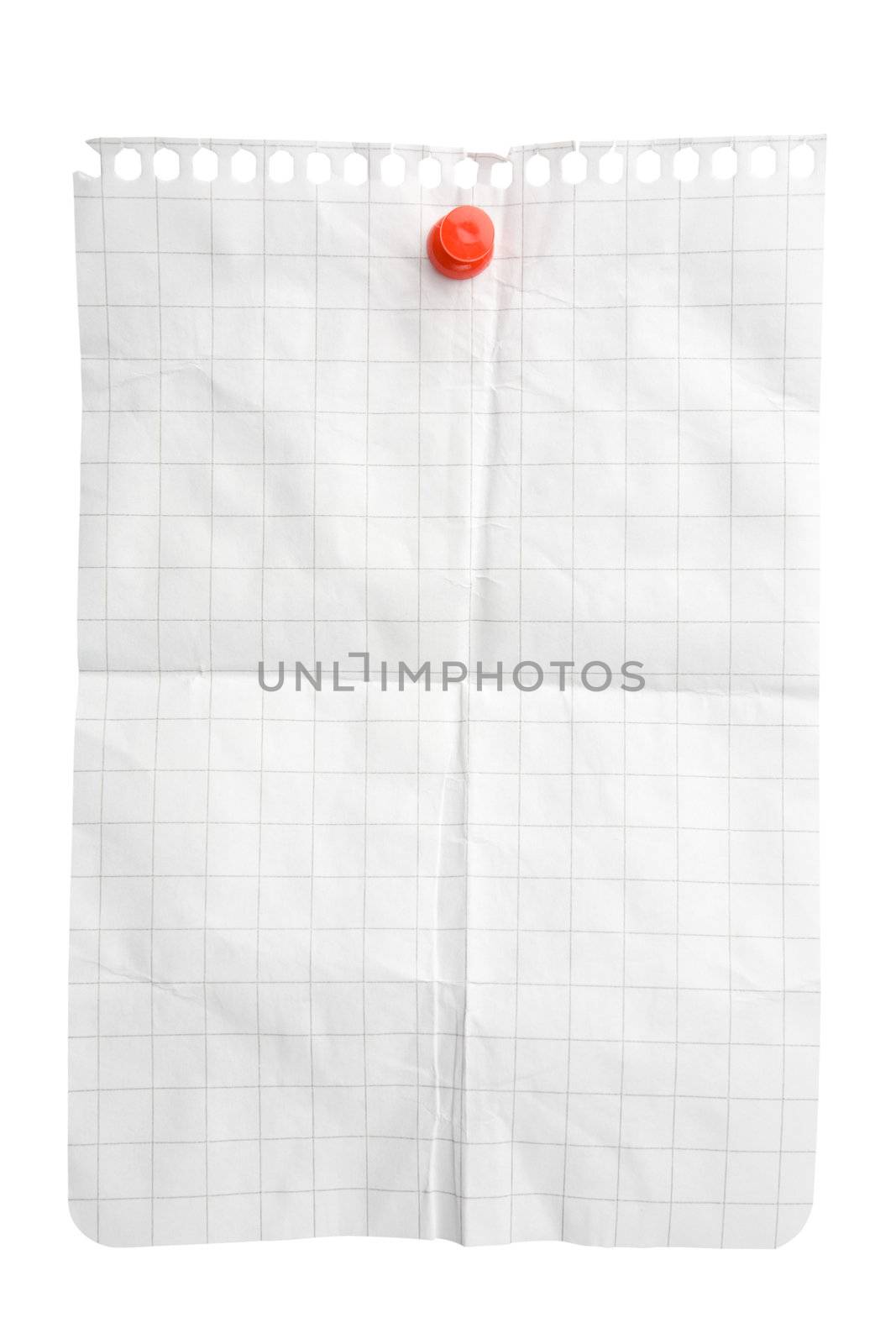 Creased notepad sheet attached with pushpin isolated on white background with clipping path