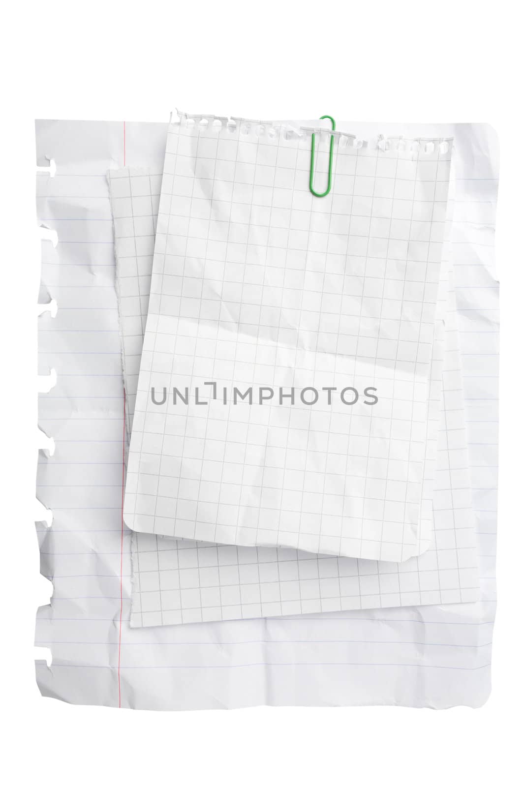 Crumpled sheets of paper with paperclip isolated on white background with clipping path