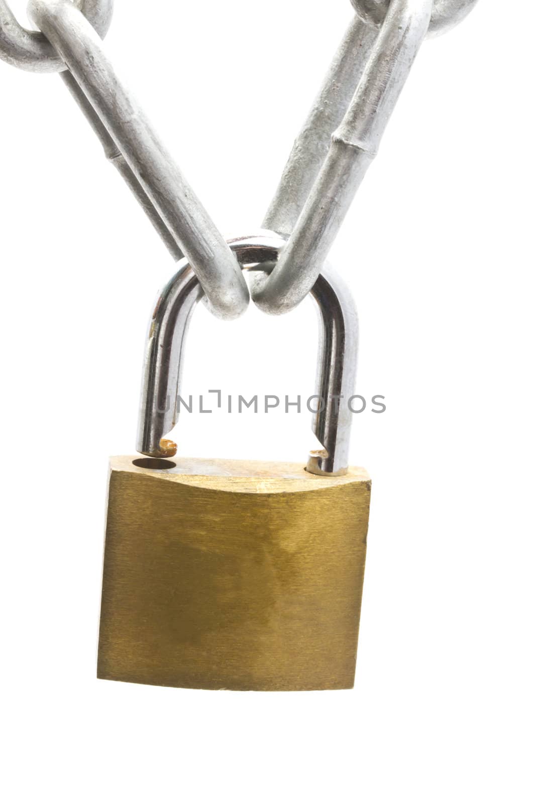 Padlock and chains closeup on white background 
