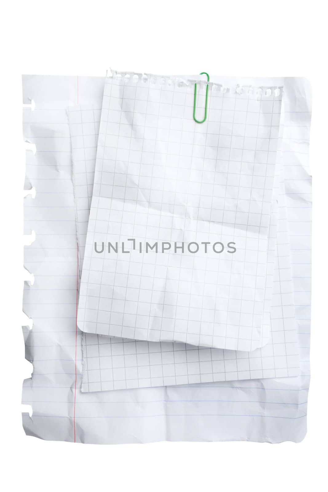 Crumpled sheets of paper with paperclip isolated on white background with clipping path