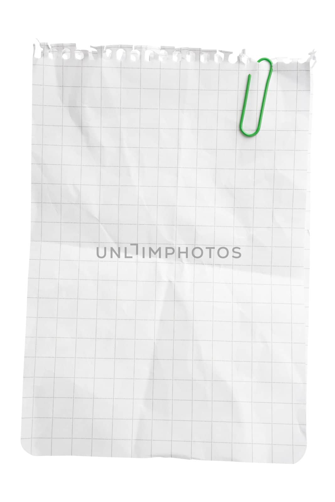 Single notepad sheet with paper clip isolated on white bacground with clipping path