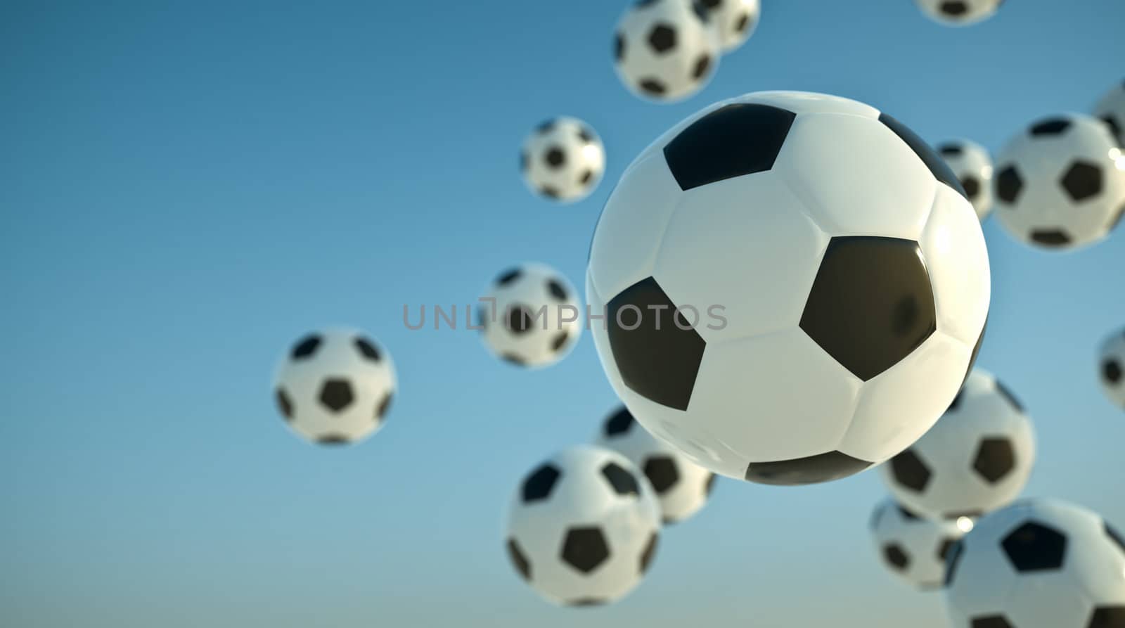 Soccer balls in the sky. 3D render.