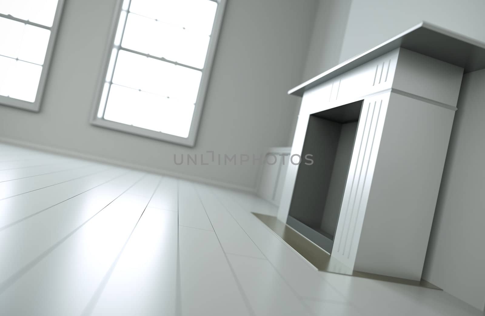 Empty white interior with focus on fireplace. 3D render.