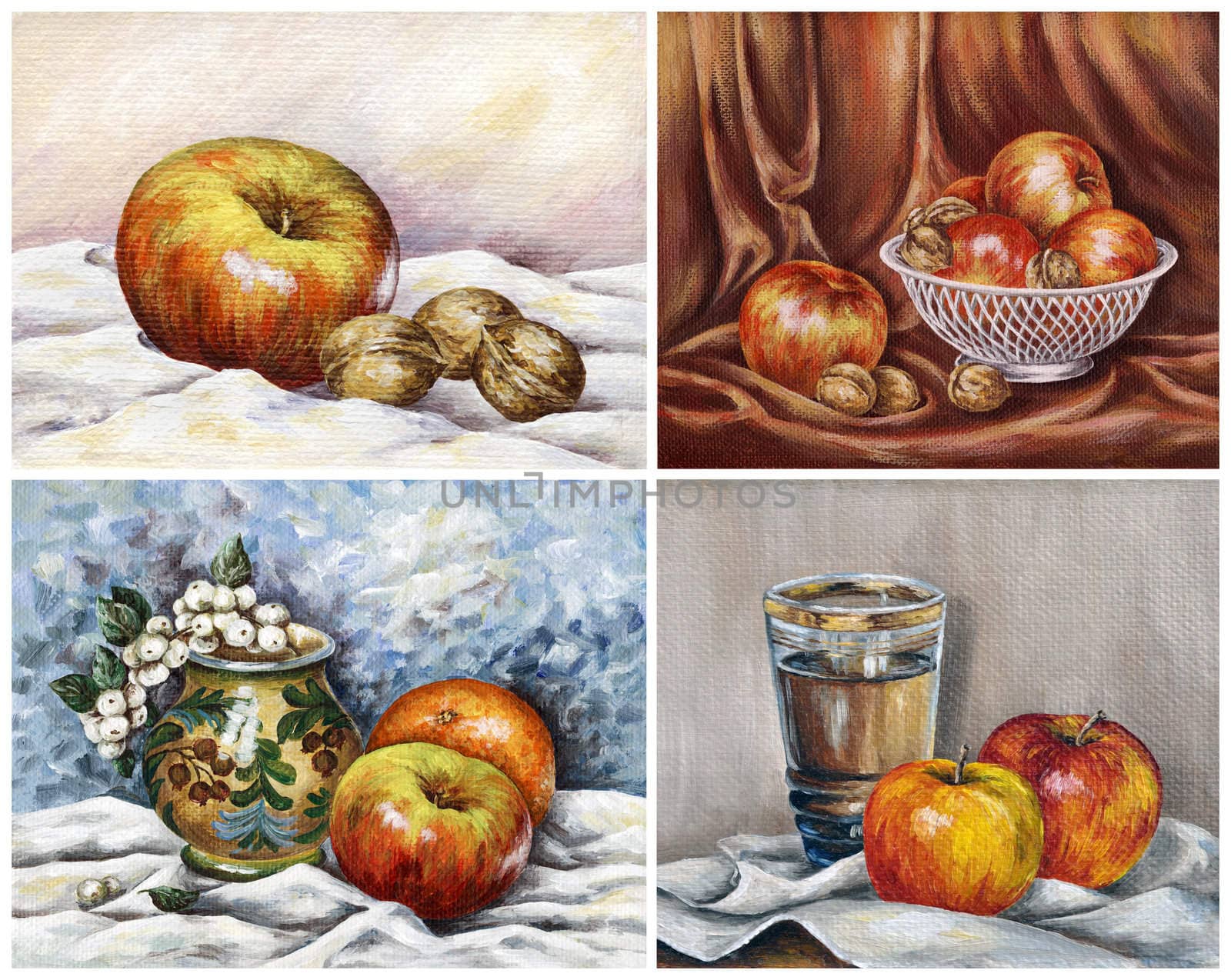Food, fruit: apples, nuts, orange, juice. Picture oil paints on a canvas