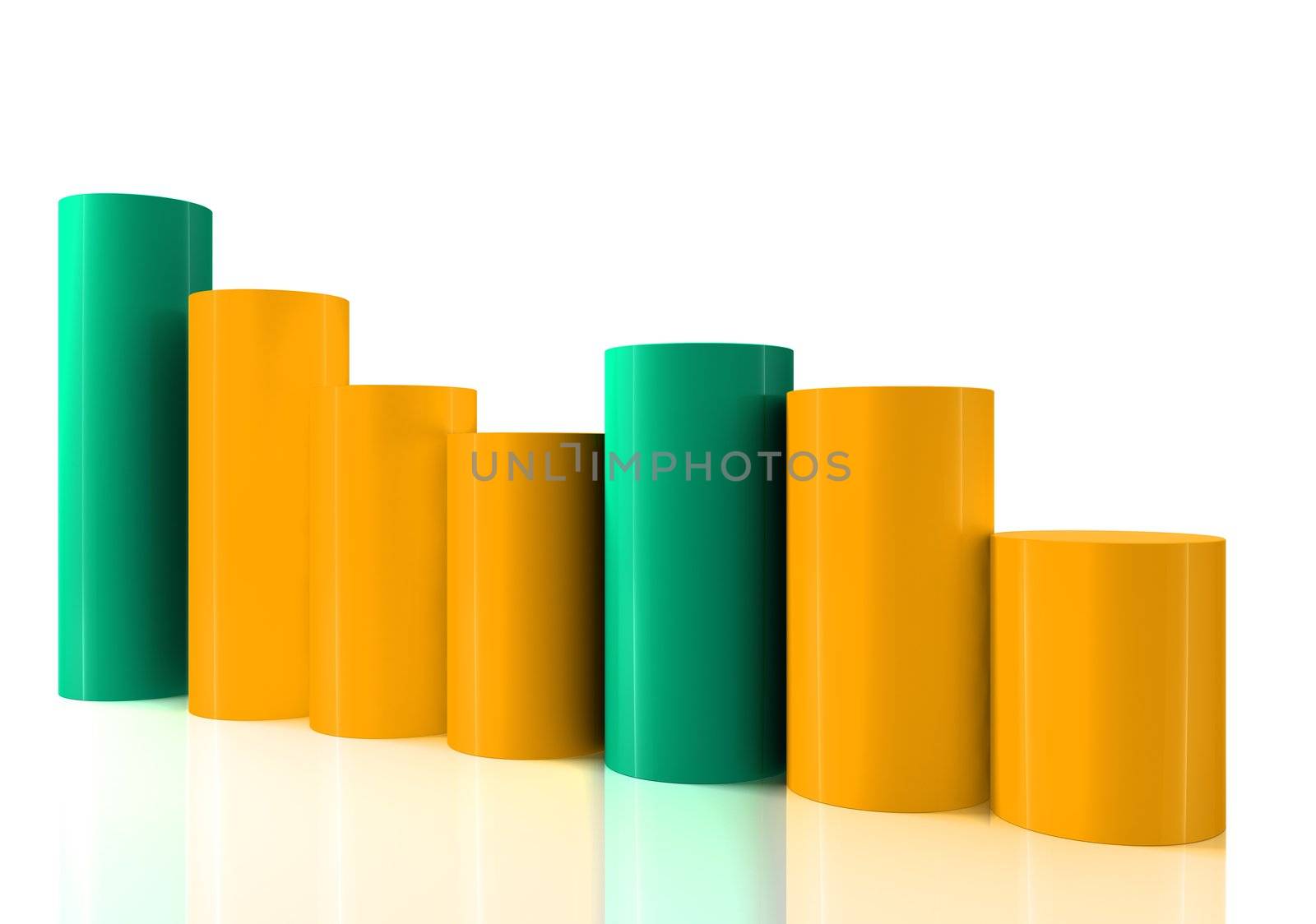 3D bar chart graph moving down on white bachgroung