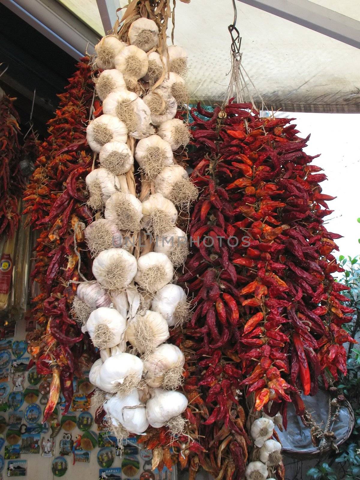 Garlic and peppers hanging in strings on the market