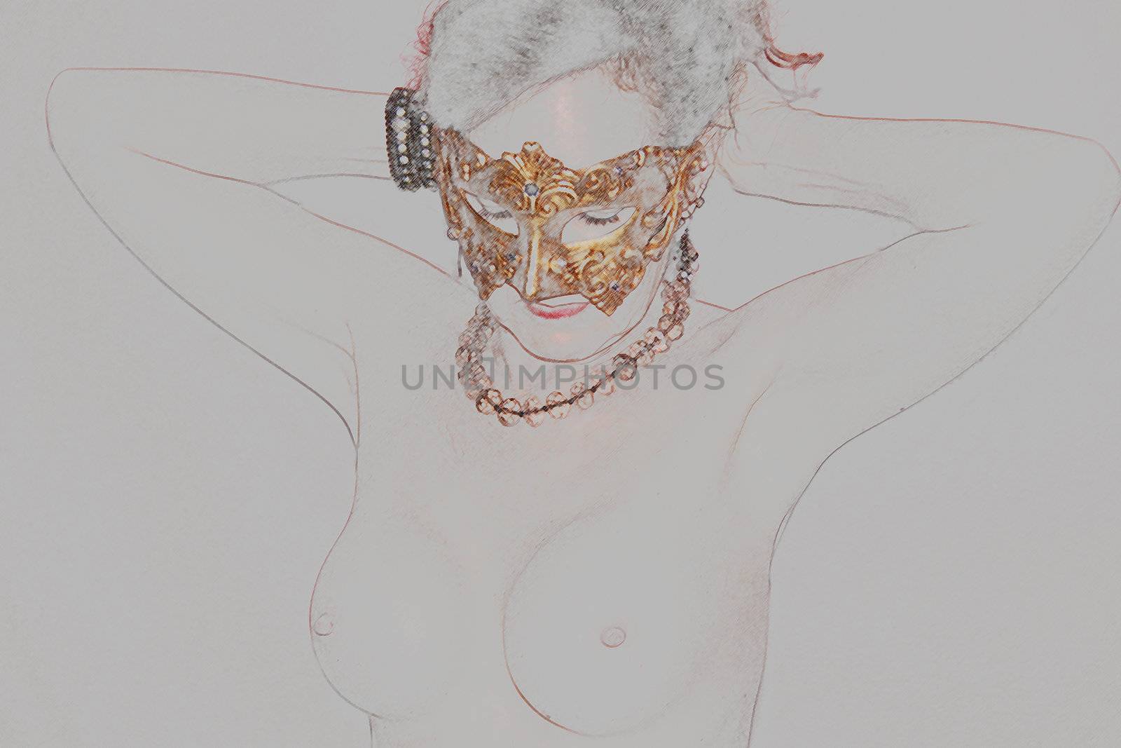 Topless woman model wearing a Venetian mask