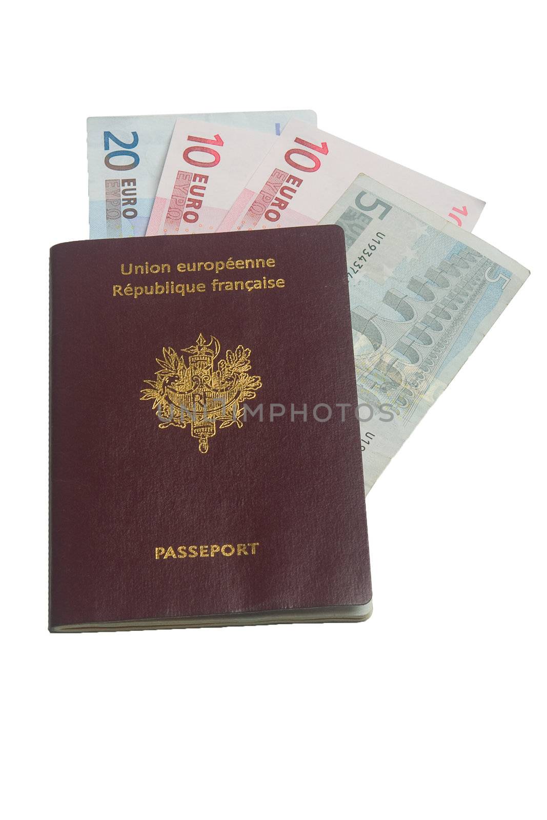 French passport with euros on a white background