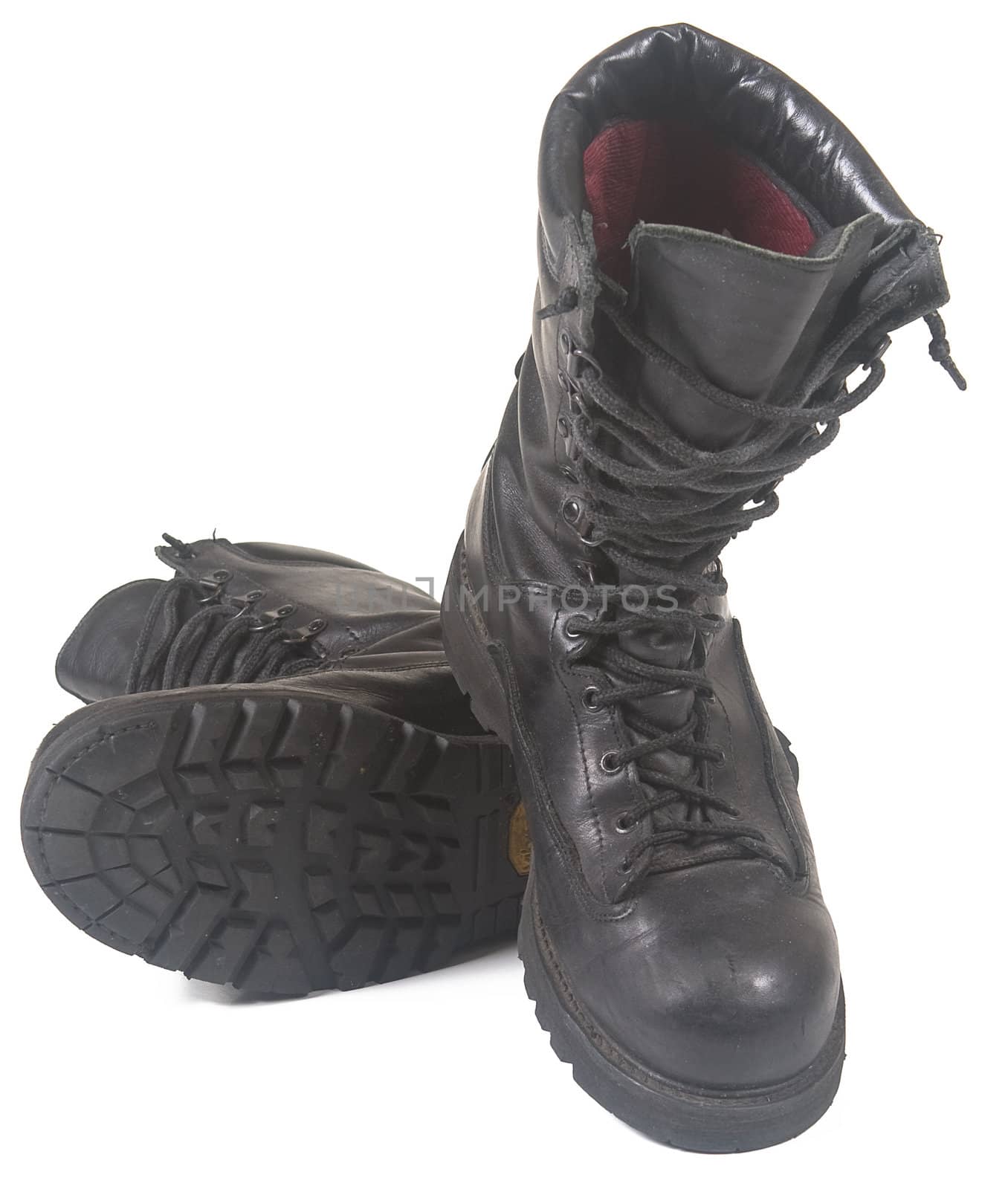 black military leather boots on white background