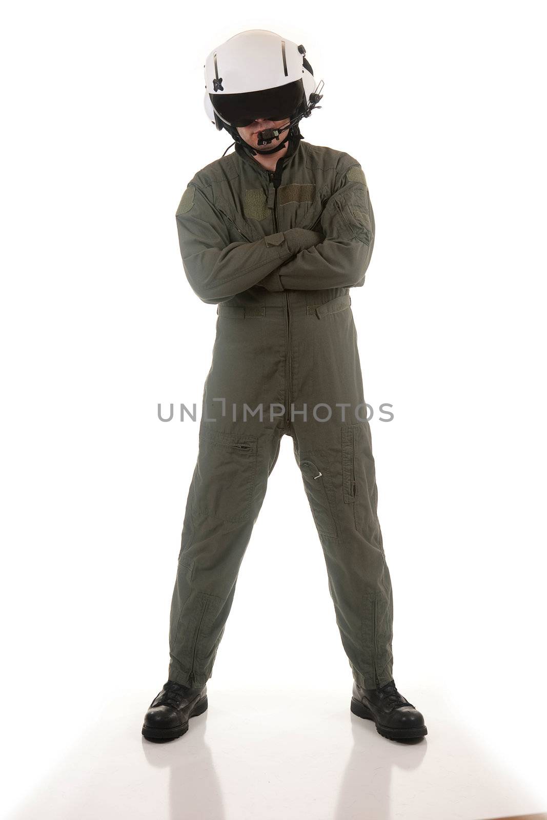 Military pilot with white helmet marshaling aircraft on a white background