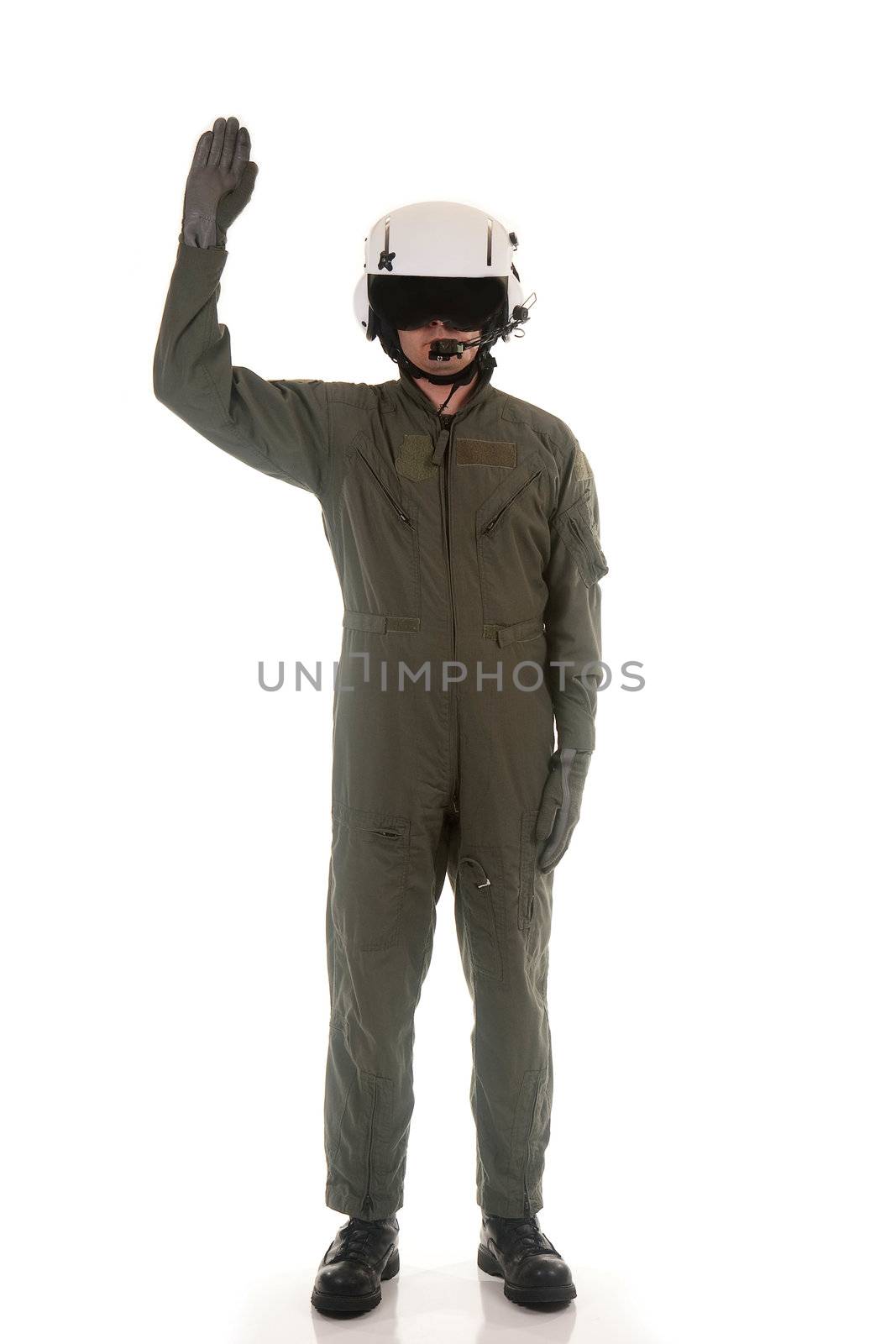 Military pilot with white helmet marshaling aircraft on a white background