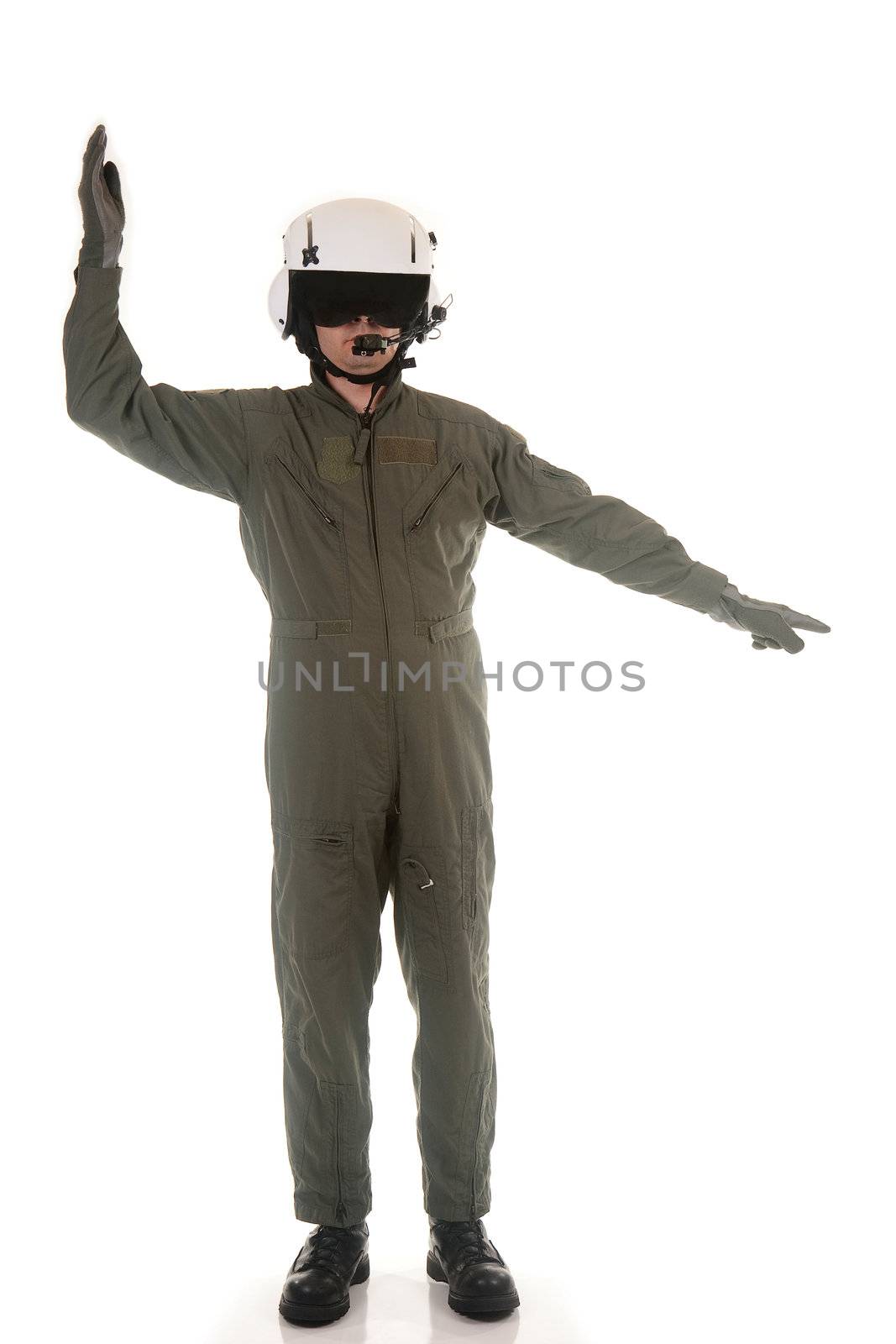 Military pilot with white helmet marshaling aircraft on a white background