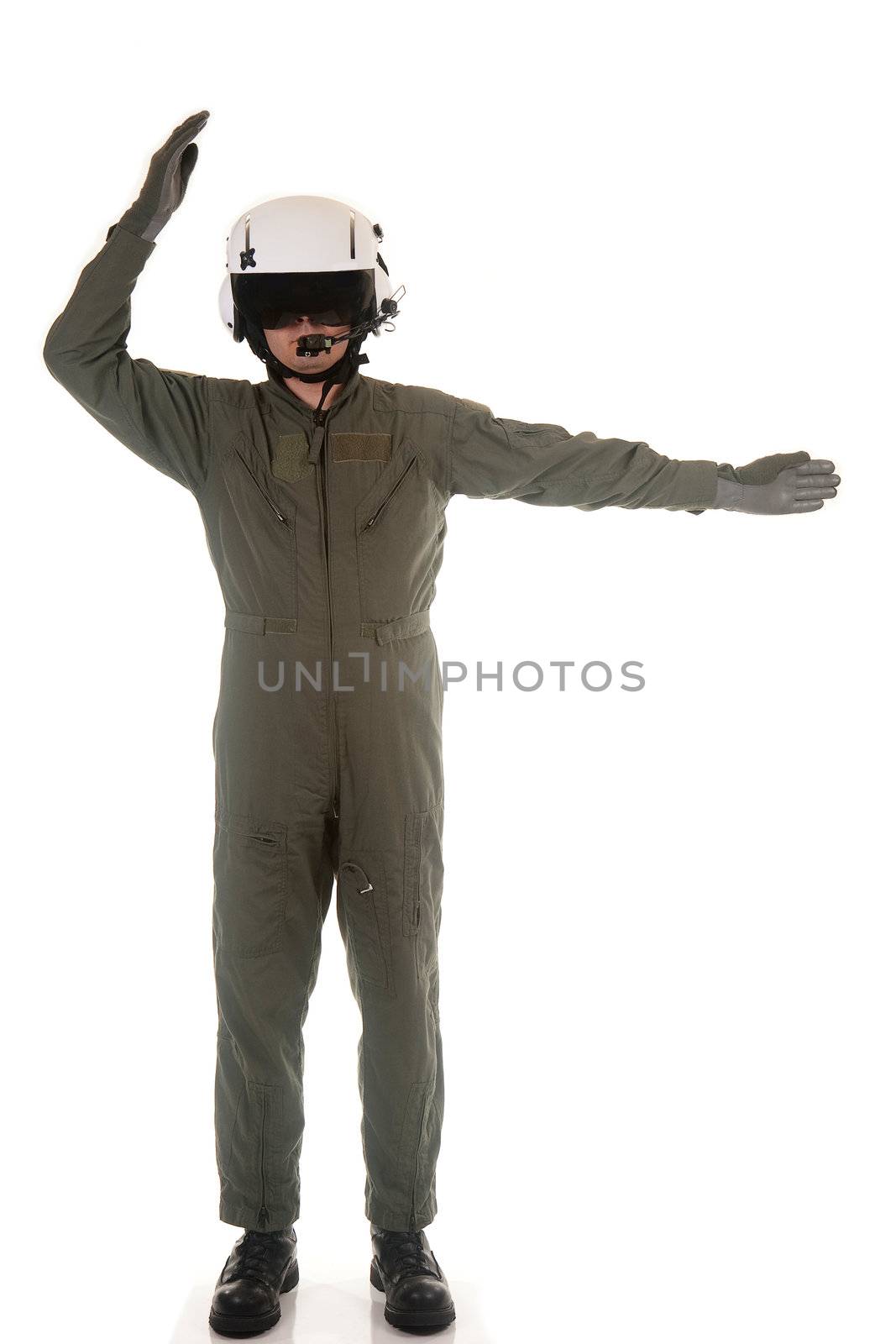 Military pilot with white helmet marshaling aircraft on a white background