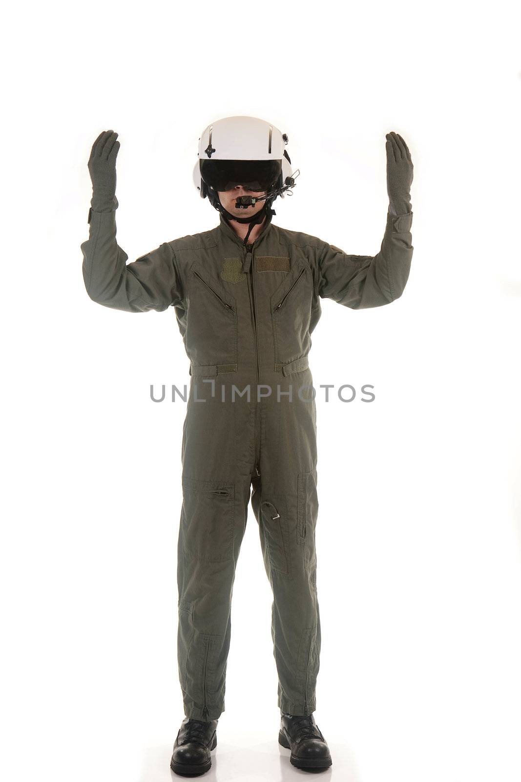 Military pilot with white helmet marshaling aircraft on a white background