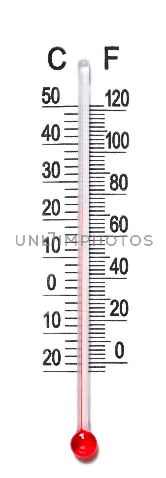 Macro view of mercurial thermometer scale isolated on the white