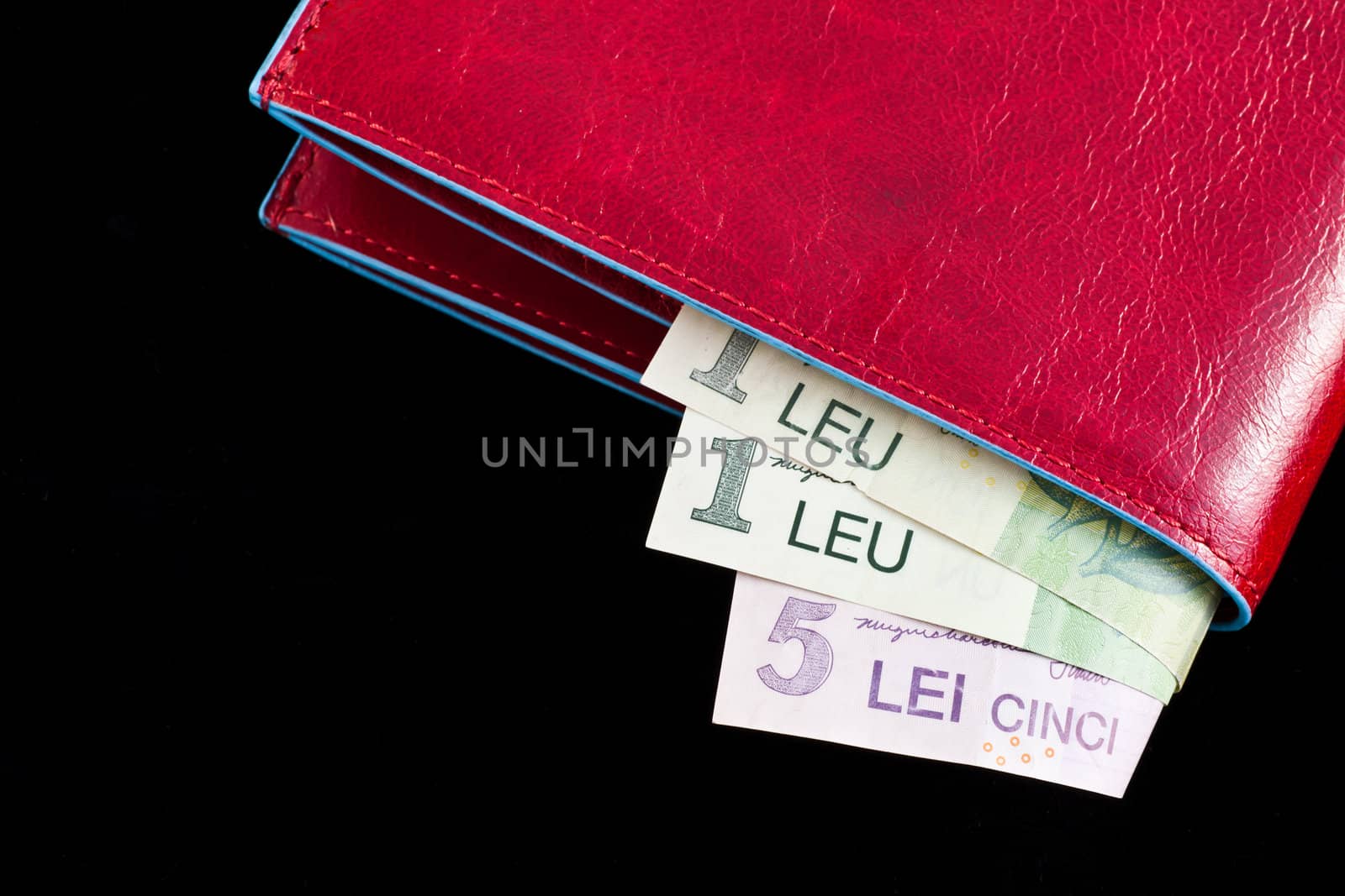 Italian leather wallet with Romanian money, useful for concepts