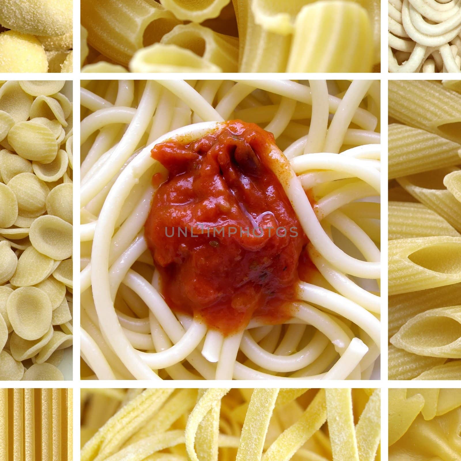 Pasta collage including 9 pictures of food