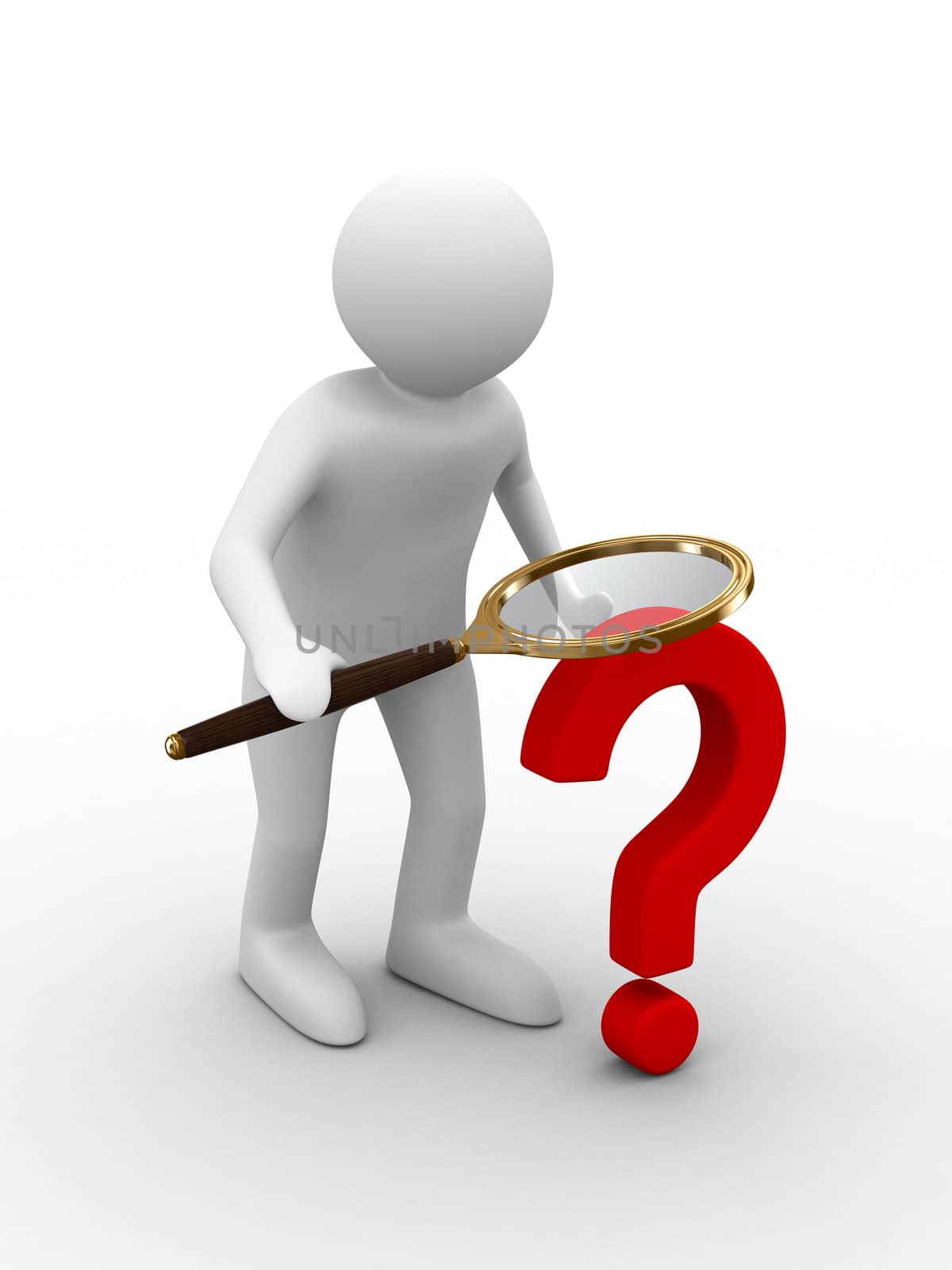 Man with magnifier on white background. Isolated 3D image