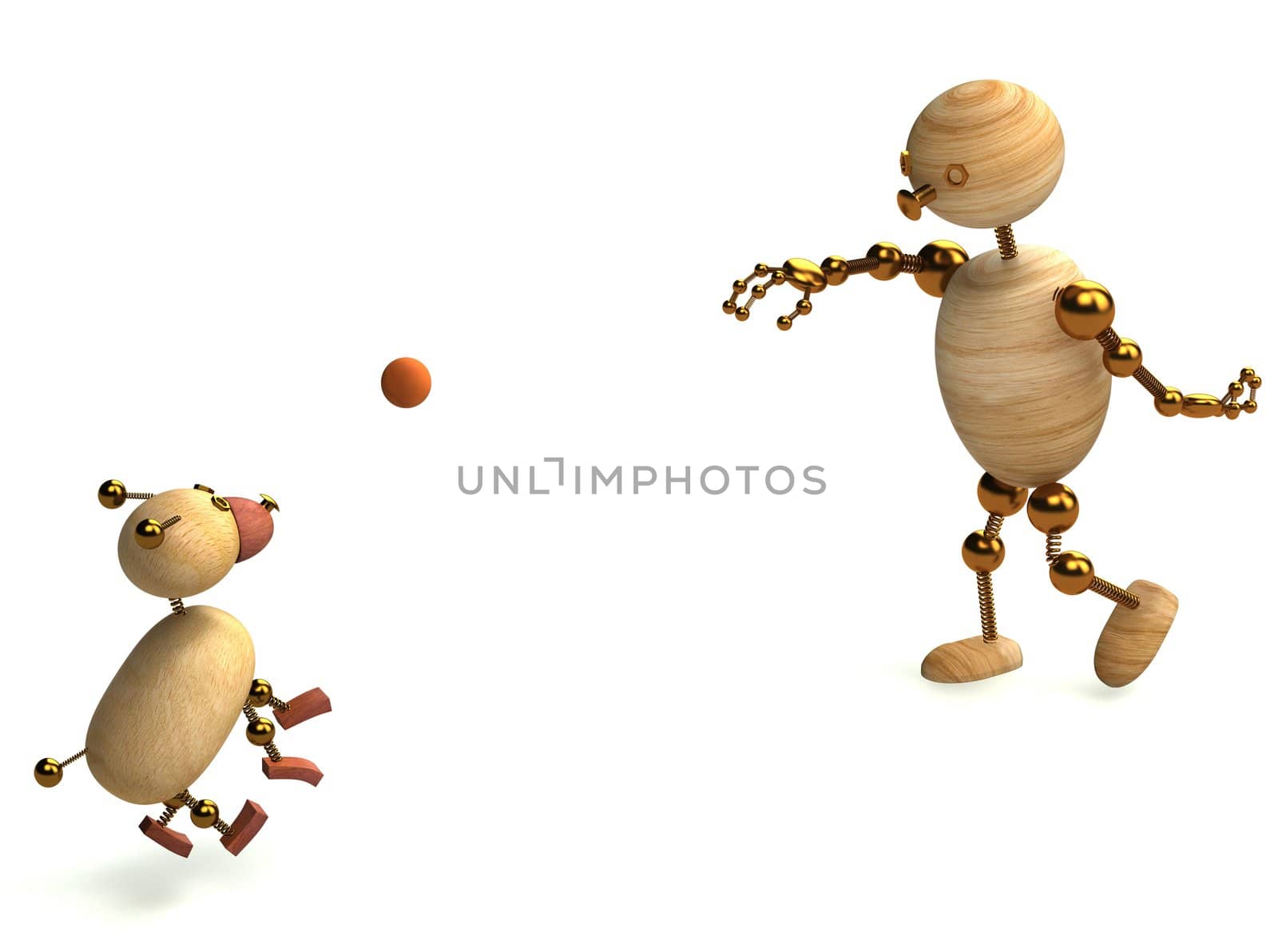 Wood man playing with dog ball 3d rendered