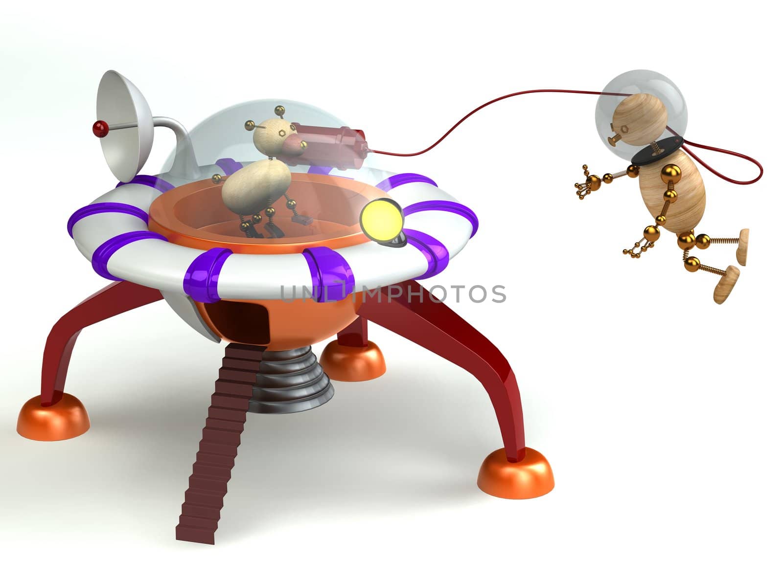 Wood man and dog within spaceship  3d rendered