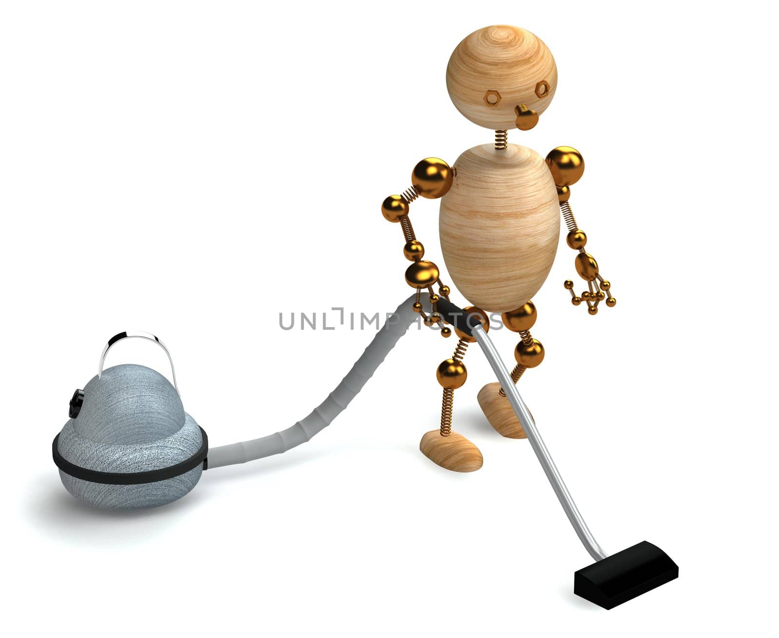 wood man with a vacuum cleaner 3d rendered