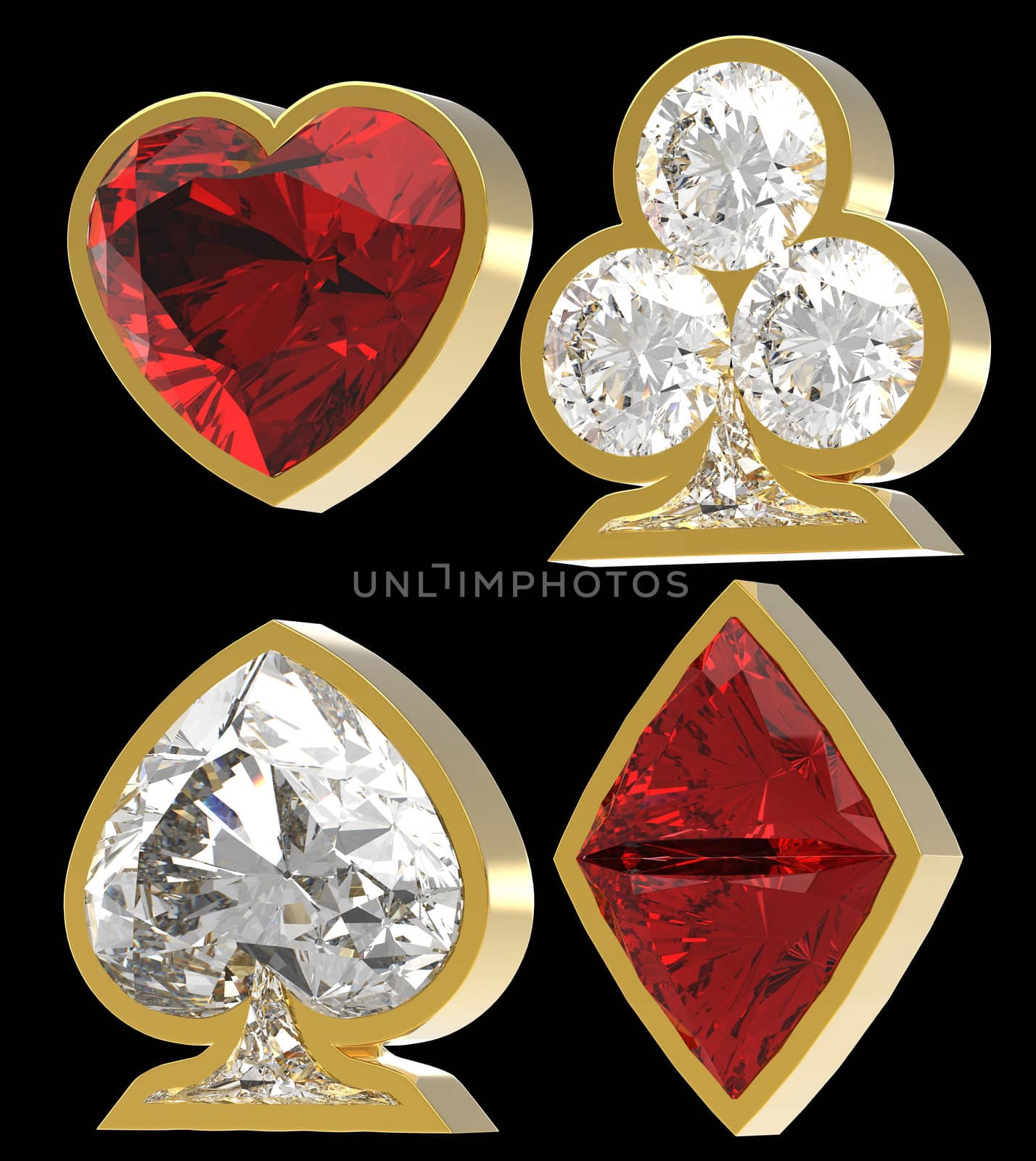 Side view of Diamond shaped Card Suits with golden framing over black background. Other gems are in my portfolio.