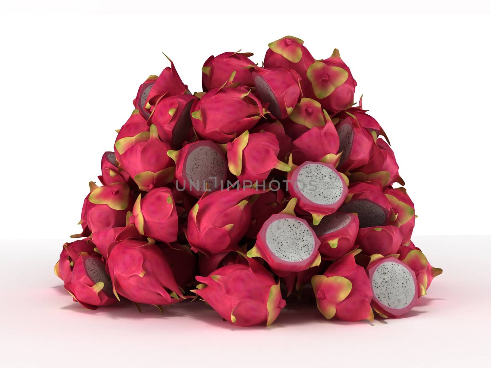 Pile or Heap of Dragon Fruit over white by Arsgera