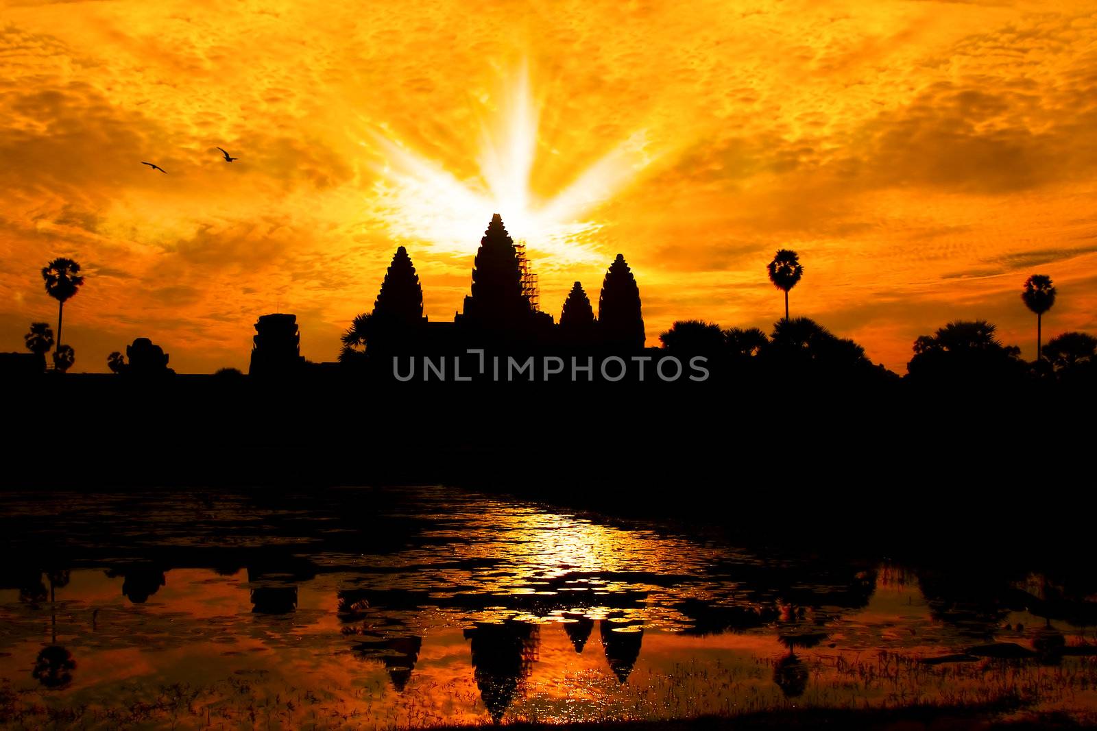 Silhouette of Angor Wat temple in the sunrise