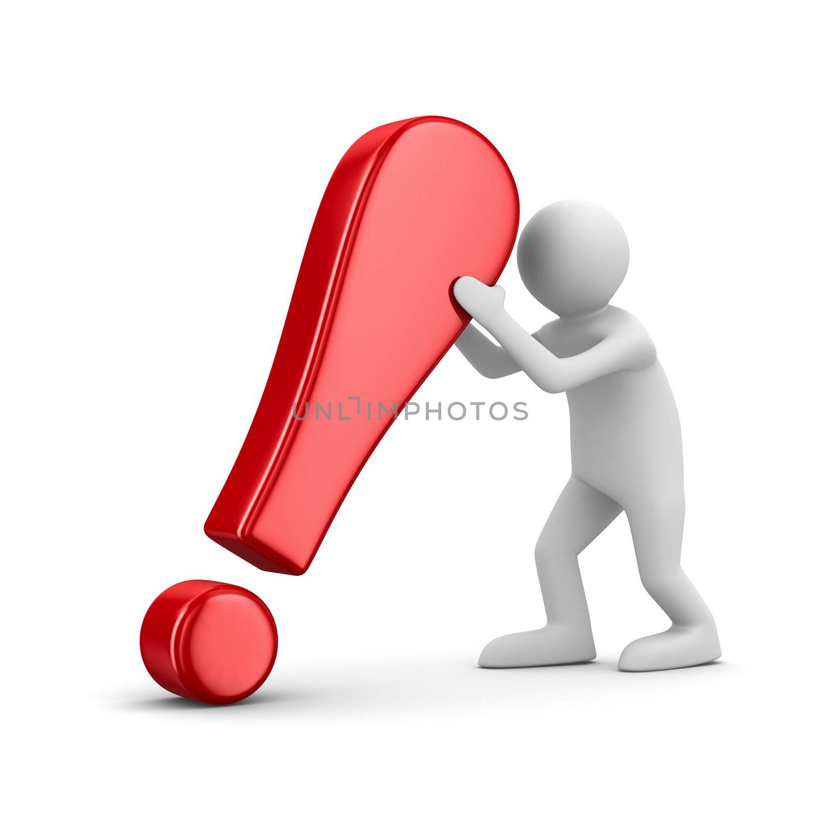 man with exclamation point on white. Isolated 3D image