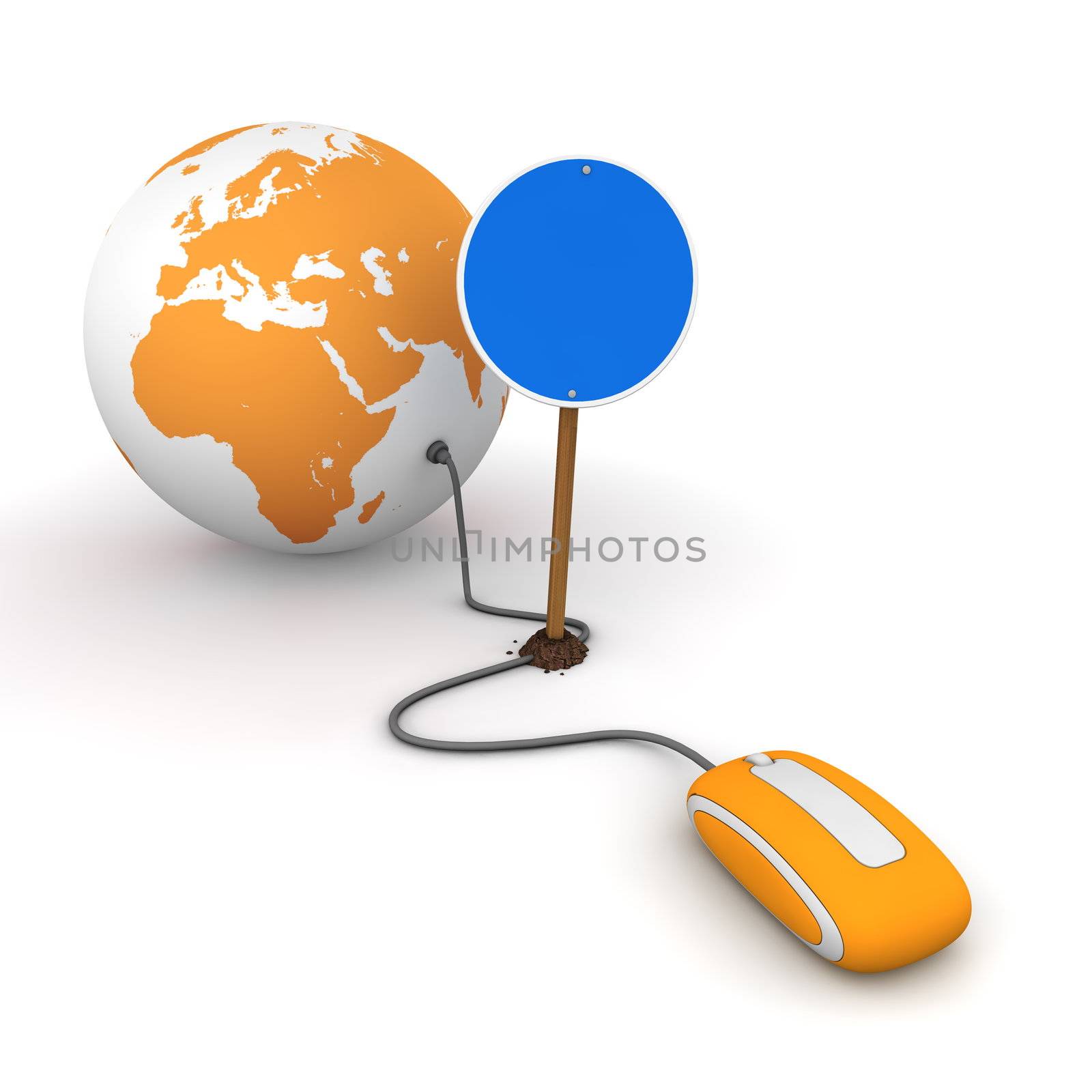 orange computer mouse is connected to an orange globe - surfing and browsing is blocked by a blue round mandatory-sign - empty template